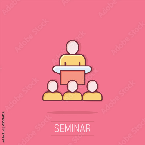People on podium icon in comic style. Speaker cartoon vector illustration on isolated background. Audience orator splash effect business concept.