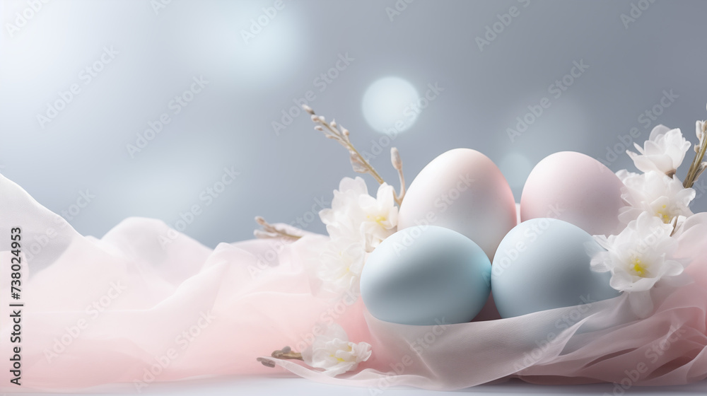 Minimalistyczne jasne tło na życzenia Wielkanocne. Alleluja - Wesołych świąt Wielkiej Nocy. Jajka, koszyczek, kwiaty i inne wiosenne dekoracje. - obrazy, fototapety, plakaty 