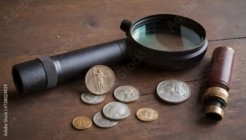 compass, telescope, magnifier and coin on a wooden table