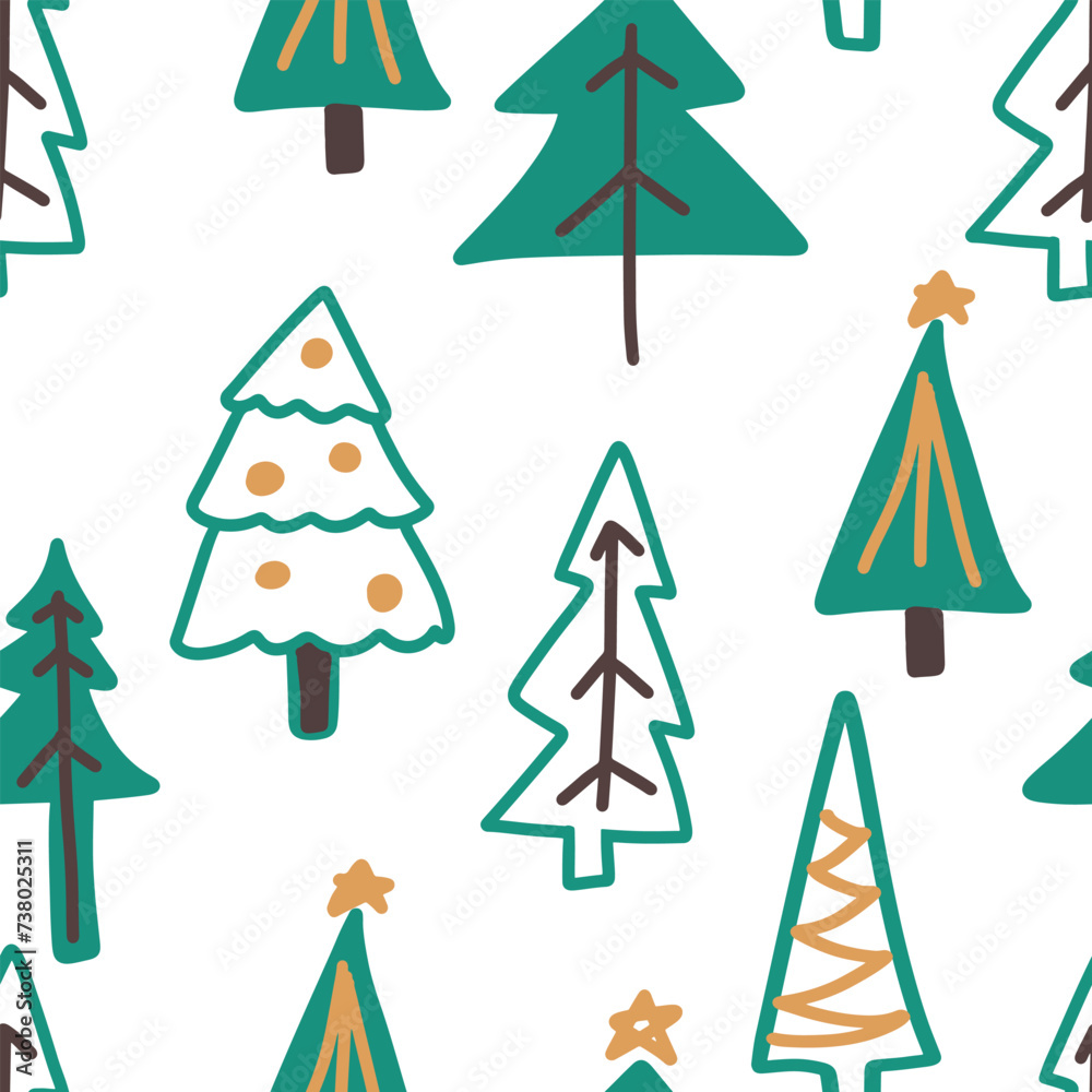 Vector seamless repeat pattern with hand drawn cute Christmas trees