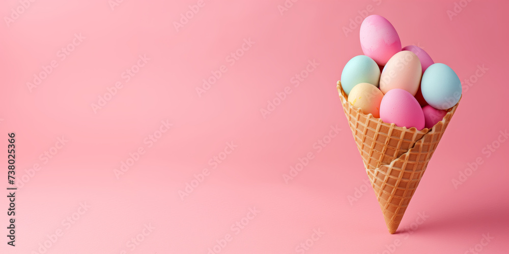 A charming display of multicolored Easter eggs gathered in a crisp waffle cone, presented against a monochromatic pink background.