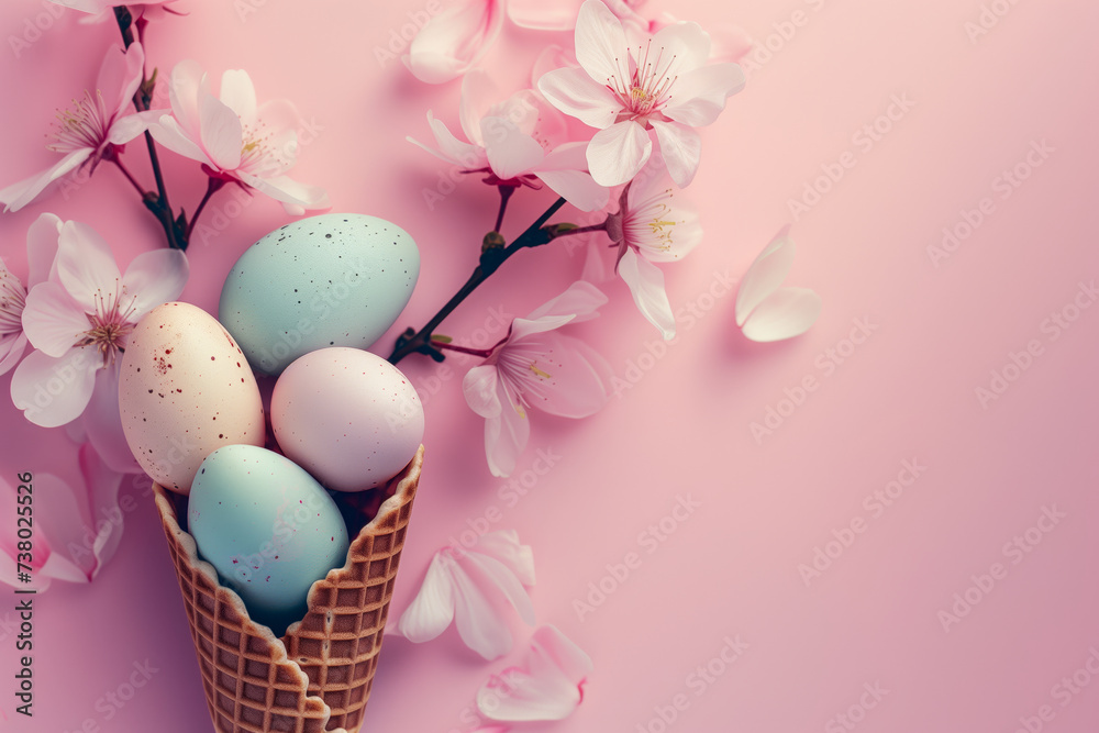 Speckled Easter eggs nestled in a waffle cone with delicate cherry blossoms on a soft pink background, symbolizing the beauty of spring.