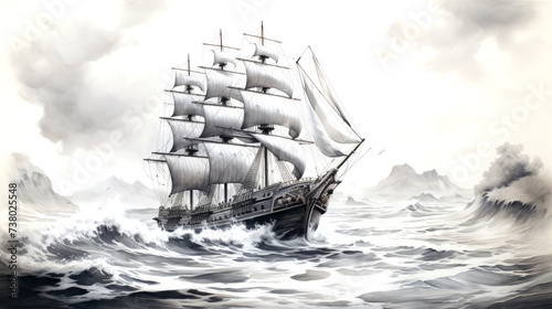 Pirate ship at sea. Black and white pencil drawing 