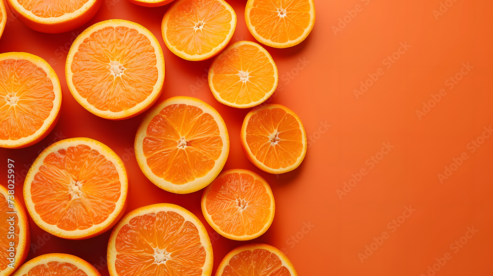 Sliced Oranges on Vibrant Orange Background Top View Sliced Oranges on Vibrant Orange Background Top View