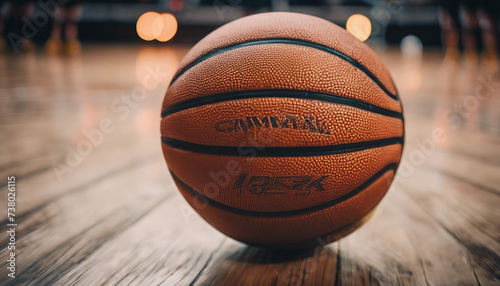 basketball ball at wooden court 