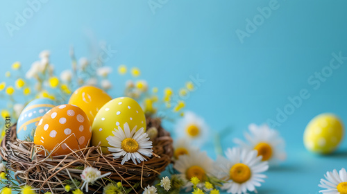 Colorful Easter Eggs in Nest with Spring Daisies on a Light Blue Background