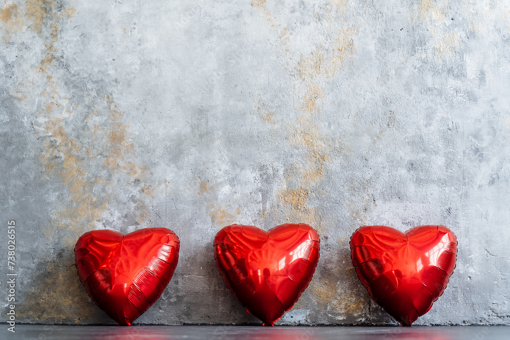three red hearts are lined up in a row on a table