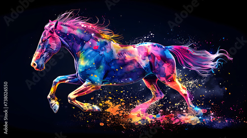 Horse with colorful splashes on isolated background, Generative Ai