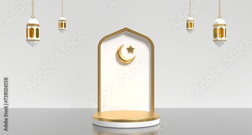 Luxury ramadan 3d podium decoration with lantern and mosque ornament. Islamic display podium decoration. Concept of islamic celebration. 3D rendering