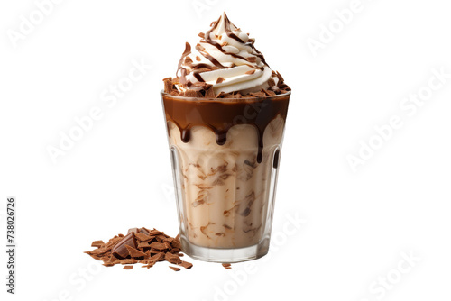 Cup of Chocolate Milkshake With Whipped Cream and Chocolate Shavings. A delicious cup of chocolate milkshake topped with a generous serving of whipped cream and sprinkled with chocolate shavings.