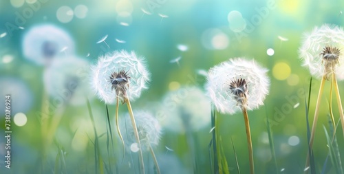  dandelions in a grass with green bokeh