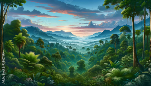 Majestic Sunrise Over Lush Tropical Rainforest Canopy