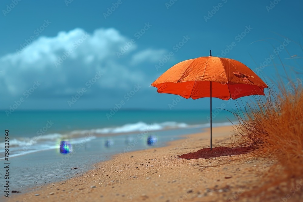 A red umbrella on a deserted beach against the background of the sea