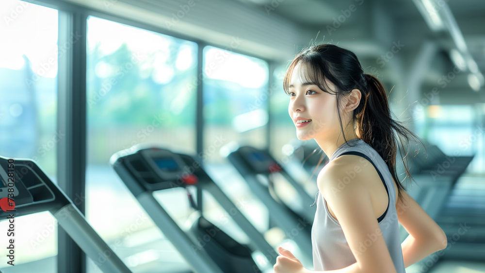 ランニングマシンと笑顔の女性 ランニングマシンと笑顔の女性