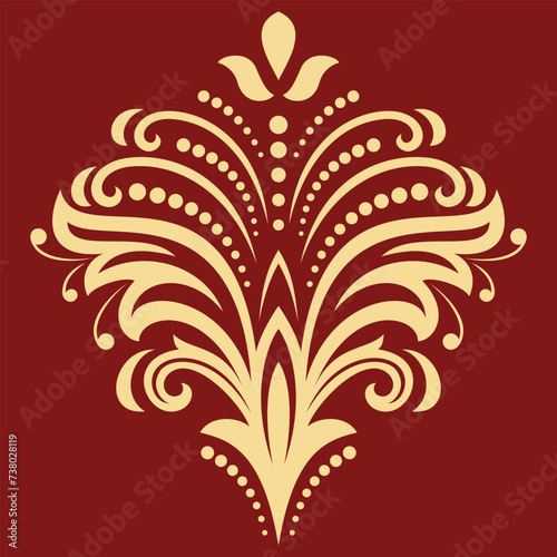 Floral vector pattern with arabesques. Abstract classic oriental ornament. Vintage red golden classic pattern
