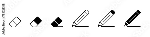 Eraser, pencil set icons. Write, draw, erase set vector icons, symbol. Pencil, eraser icons photo