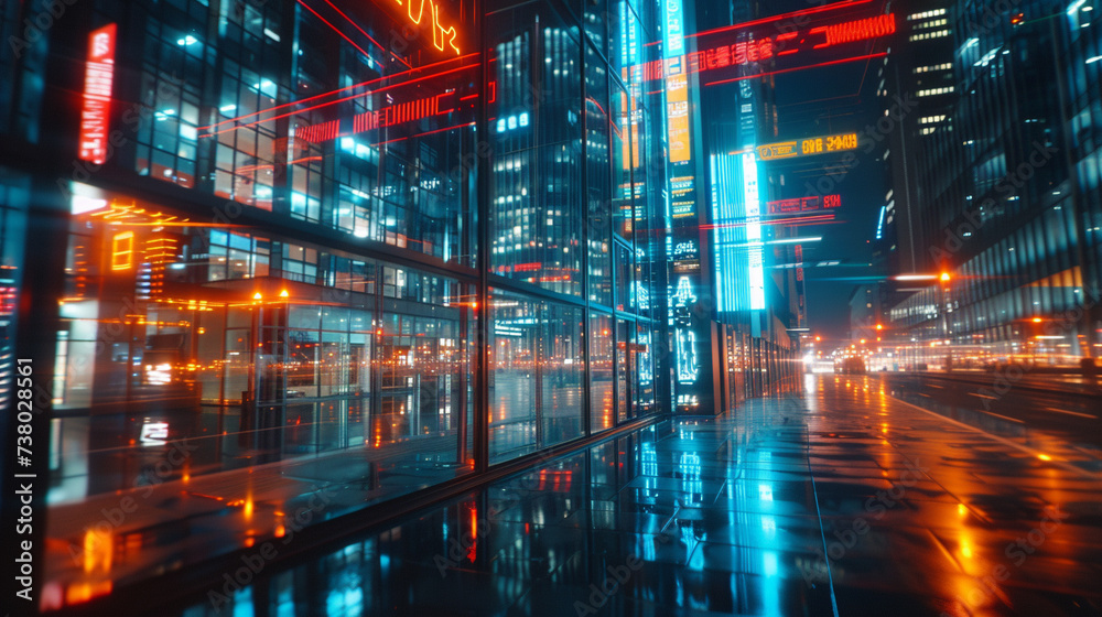 An abstract composition of neon signs reflecting in the glass window of a bustling city office building An abstract composition of neon signs reflecting in the glass window of a bustling city office building