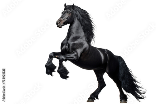 Black Horse isolated on a transparent background rearing. Beautiful equine left side portrait