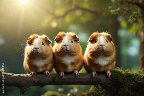 Close-up of chubby little guinea pigs standing on tall branches