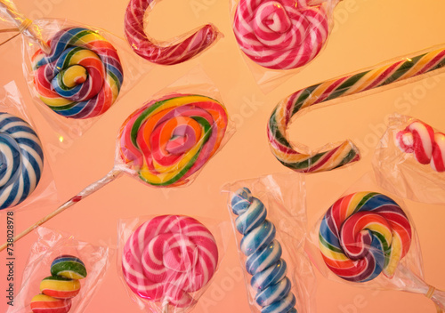 Colorful candy and lollipops. Sweet and delicious dessert.