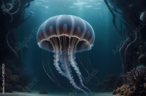 Fantasy jellyfish floating in the dark blue sea, ocean © Ganna