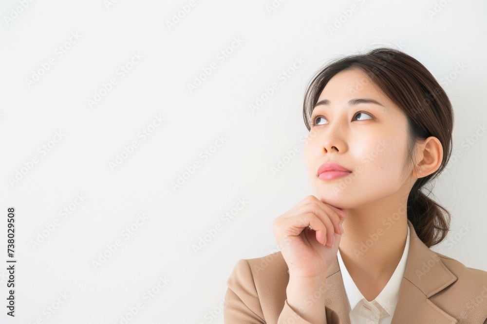 考えているの日本人の女性会社員のポートレート(白背景・サラリーマン・スーツ・若手・新人・新入社員) 考えているの日本人の女性会社員のポートレート(白背景・サラリーマン・スーツ・若手・新人・新入社員)