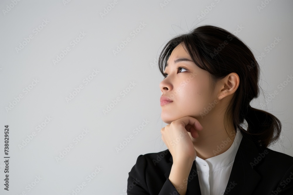 考えているの日本人の女性会社員のポートレート(白背景・サラリーマン・スーツ・若手・新人・新入社員) 考えているの日本人の女性会社員のポートレート(白背景・サラリーマン・スーツ・若手・新人・新入社員)