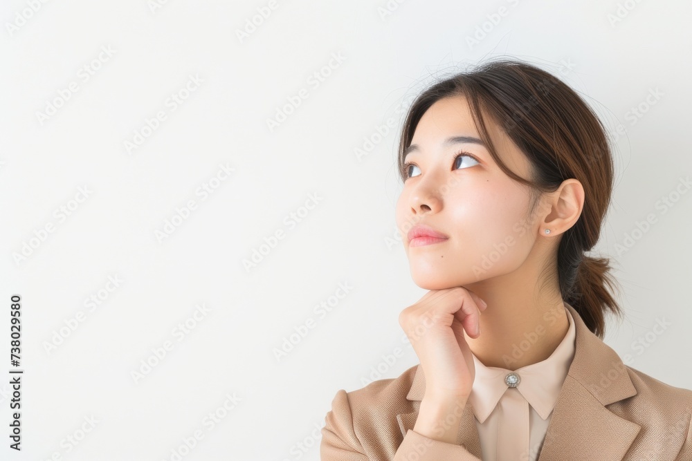 考えているの日本人の女性会社員のポートレート（白背景・サラリーマン・スーツ・若手・新人・新入社員）