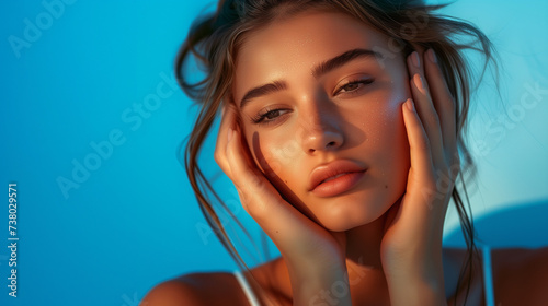 Close-up of a Young Woman's Face with Dewy Skin Against a Blue Background
