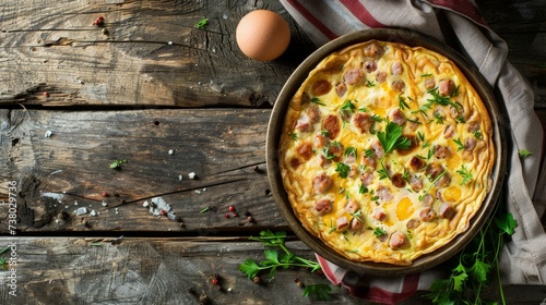Delicious sausage and cheese omelette on a plate and an old wooden background with blank copy space for text. photo