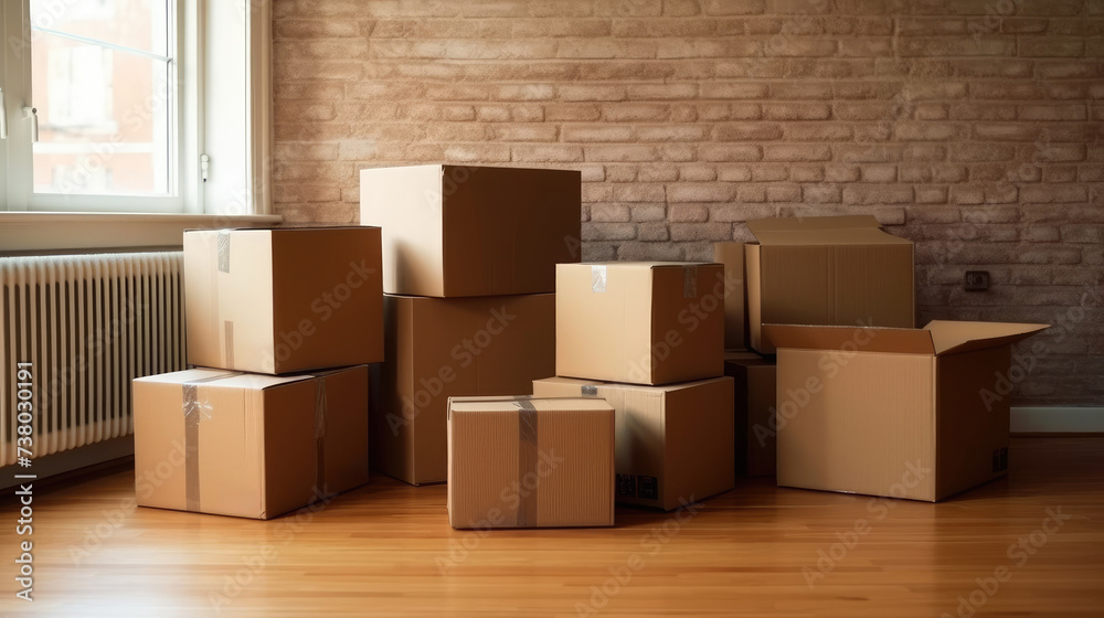 Cardboard Boxes in Empty Room During Moving Day Cardboard Boxes in Empty Room During Moving Day