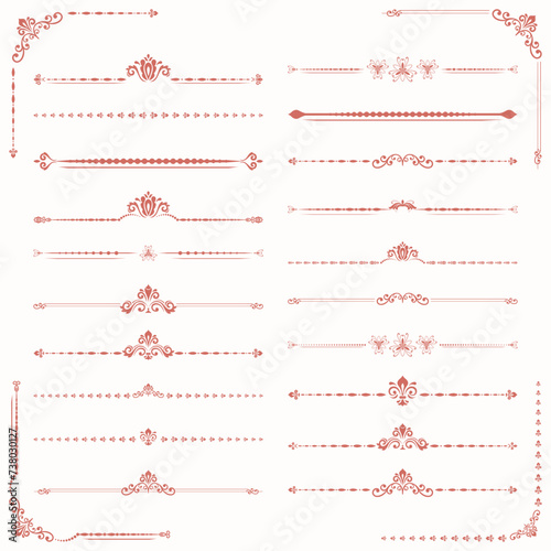 Vintage set of vector decorative elements. Horizontal separators in the frame. Collection of different pink ornaments. Classic patterns. Set of vintage patterns