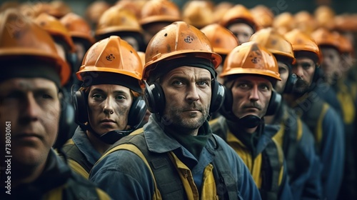 Team of factory workers in uniforms and helmets