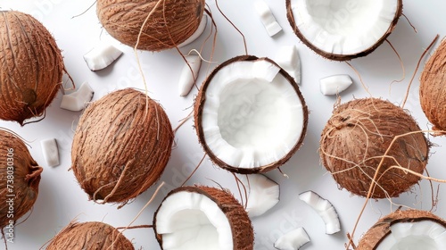 Fresh young coconuts on a white background, creative flat lay healthy food concept