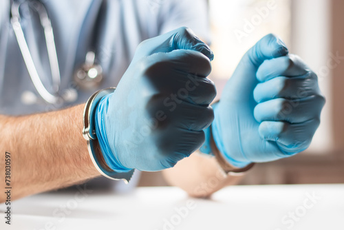 A medical officer, doctor, or quack in a blue medical uniform in handcuffs. photo