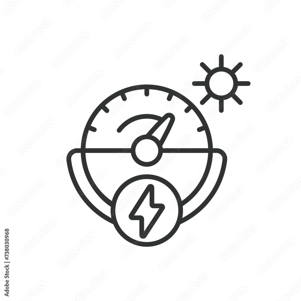 Solar Power Indicator icon in line design. Power, indicator, sun, energy, panel, icon, system, renewable, display isolated on white background vector. Solar Power Indicator editable stroke icon. Solar Power Indicator icon in line design. Power, indicator, sun, energy, panel, icon, system, renewable, display isolated on white background vector. Solar Power Indicator editable stroke icon.