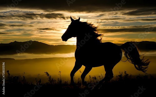 a stunning silhouette image of a horse against the backdrop of a sweeping landscape, capturing the grace and power of this magnificent creature in its natural environment, generative ai © cherif