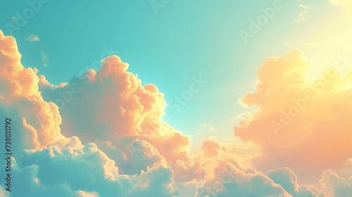 An enchanting image featuring soft gradient orange gold clouds gracefully drifting amidst a clear blue sky