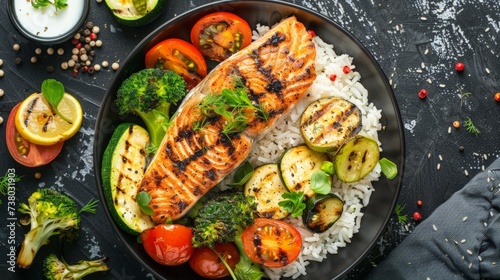 Healthy lunch bowl with grilled salmon, rice and vegetables. Grilled zucchini, broccoli and tomato with salmon steak and rice