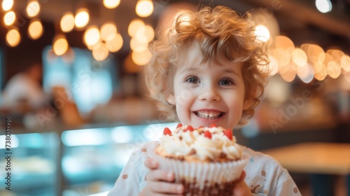 A little girl holding a cupcake in front of her face