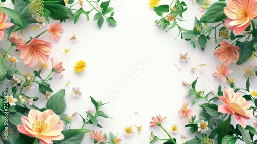 A white background with pink flowers and green leaves © Maria Starus