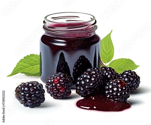 Homemade blackberry jam in a jar with a spoon of blackberries, very delicious jam without preservatives