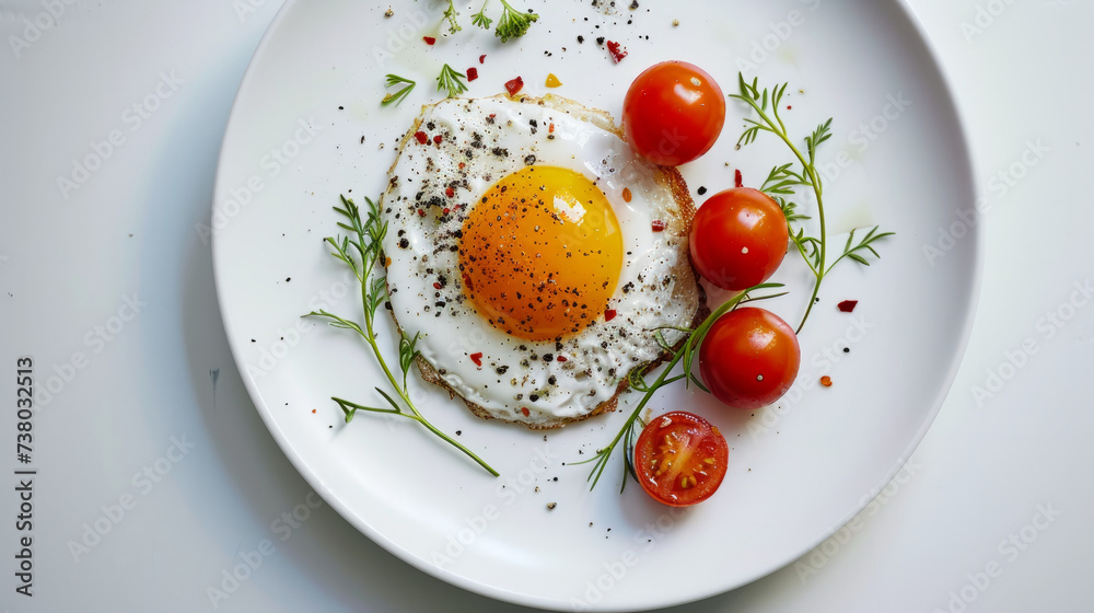 scrambled eggs around cherry tomatoes and greens. Breakfast on a white plate in the sun. View from above. Beautiful restaurant presentation. The concept of homemade restaurant-style breakfasts. scrambled eggs around cherry tomatoes and greens. Breakfast on a white plate in the sun. View from above. Beautiful restaurant presentation. The concept of homemade restaurant-style breakfasts.