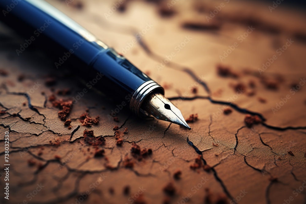 Fototapeta premium Closeup of an old fountain pen lying on the cracked surface of an old paper sheet