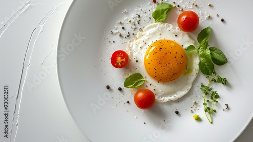 scrambled eggs around cherry tomatoes and greens. Breakfast on a white plate in the sun. View from above. Beautiful restaurant presentation. The concept of homemade restaurant-style breakfasts.