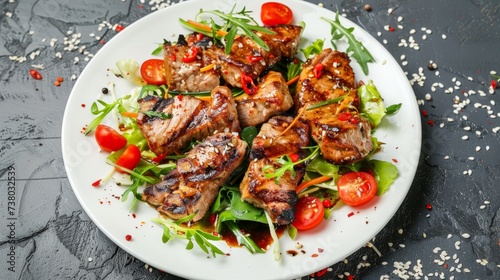 Pork meat grilled with fresh vegetable salad on a white plate. a top view of a horizontal