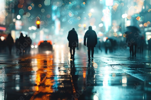 Blurred view of illuminated wet evening city street after rain with people walking down