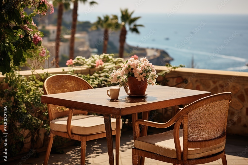 Terrace interior with wooden table and chairs surrounded by plants and beautiful seascape in the background