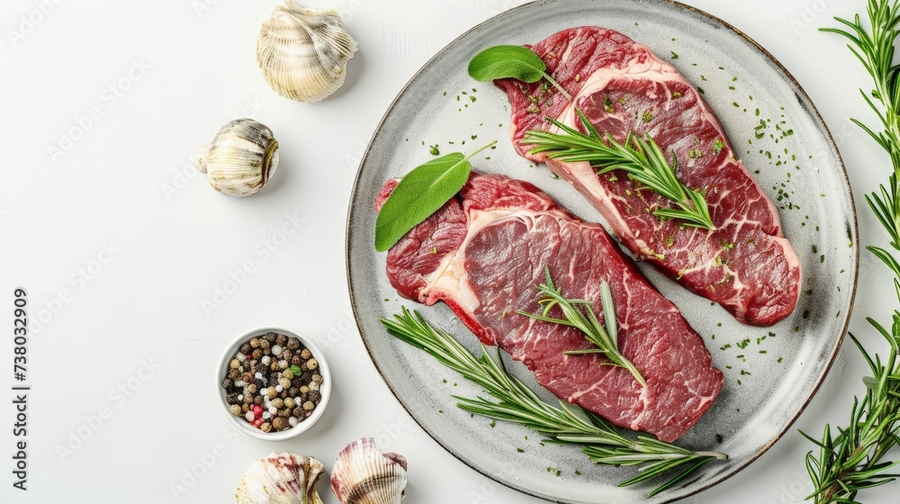 Raw Oyster Top Blade or flat iron roast beef meat steaks on a plate with herbs. White background. Top View. Raw Oyster Top Blade or flat iron roast beef meat steaks on a plate with herbs. White background. Top View.