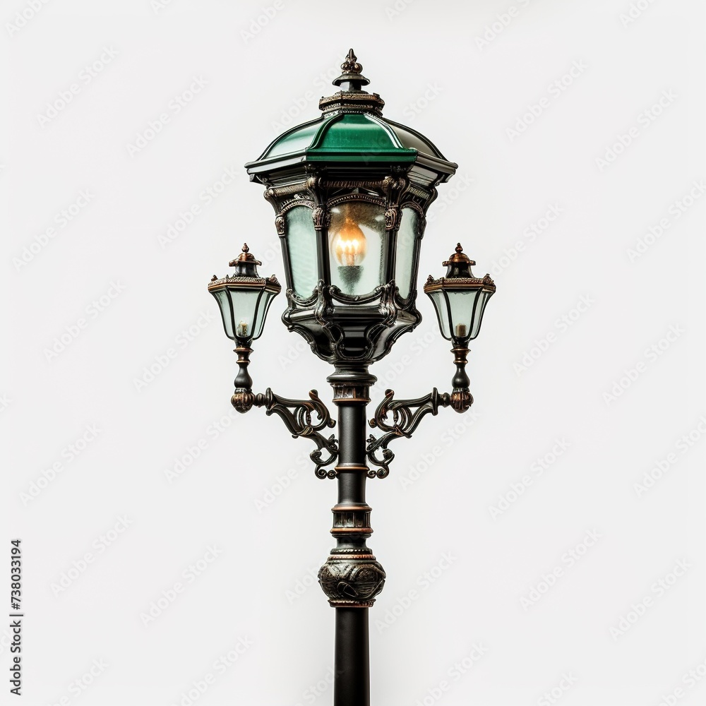 Close image of a vintage classic cast iron city street lantern isolated on white background
